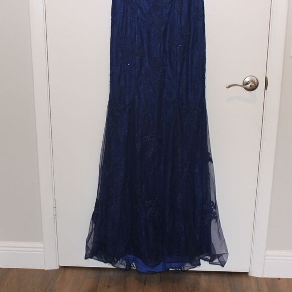 NWT La Femme Beaded V-Neck Lace Gown blue Maxi Dress Women Size 8 $639 - Picture 10 of 15